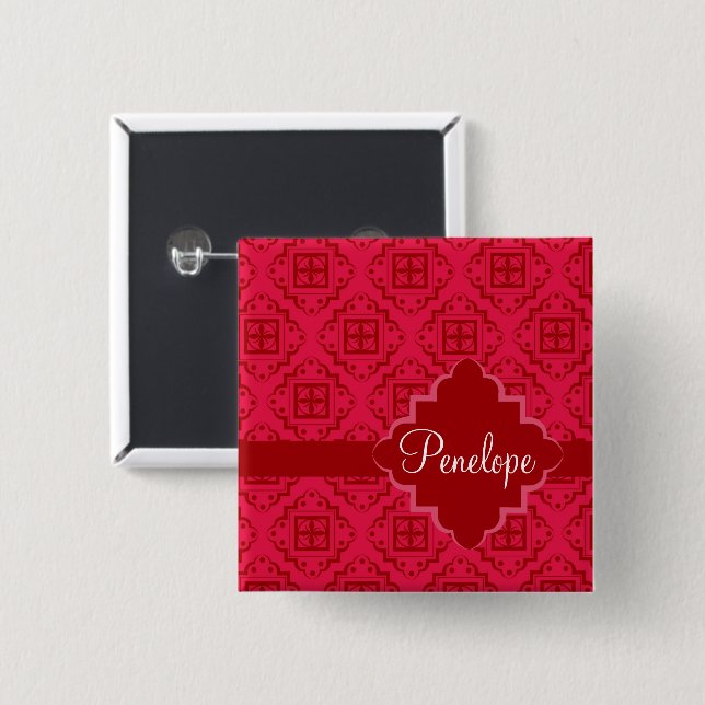 Arabesque Moroccan Red Crimson Namn Badge Knapp (Framsida & baksida)