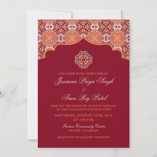 Arabesque Orange Red Indian Wedding bjudande Inbjudningar (Framsida)