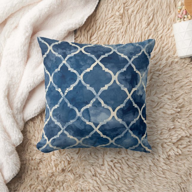 Arabesque Trellis Pillow - Blue Geometric Mönster Kudde (Filt)