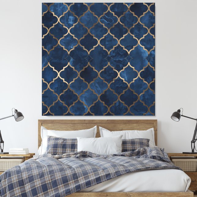 Arabesque Wall Art - Blue & Guld Geometric Mönster Canvastryck (Insitu (sovrum))