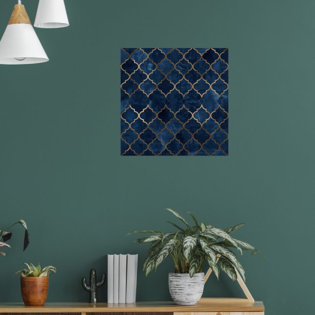Arabesque Wall Art - Blue & Guld Geometric Mönster Poster (Vardagsrum 1)