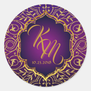 Arabian Nights Bollywood Monogram Bröllop-etikett Runt Klistermärke