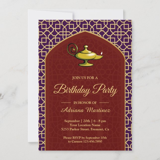 Arabian Nights Magic Lamp Lila Red Birthday Inbjudningar (Framsida)