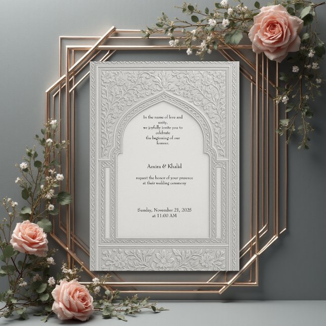 arabic Silver Embossed Blommigt Arch Bröllop Inbjudningar (Skapare uppladdad)