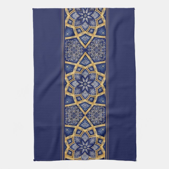 Arabisk Blå Guld Blomma Mandala Kökshandduk (Vertikal)