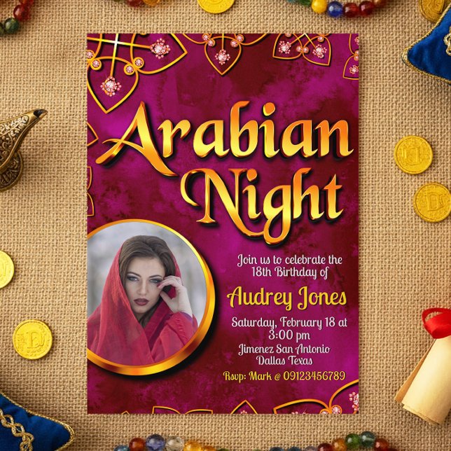 Arabisk natt med foto - Rosa inbjudan (Arabian Night with Photo - Pink Invitation)
