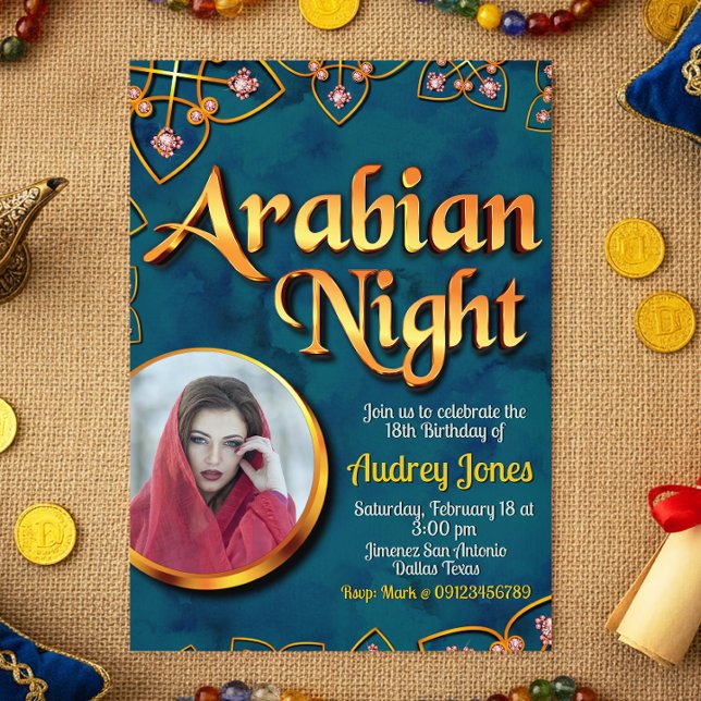 Arabisk natt med foto turkos inbjudningar (Arabian Night with Photo Turquoise Invitation)
