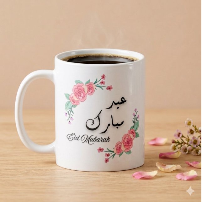 Arabiska & engelska Modern blomster Eid Mubarak-mu Kaffemugg (White ceramic mug with a floral frame and the message "Eid Mubarak" in English and Arabic)