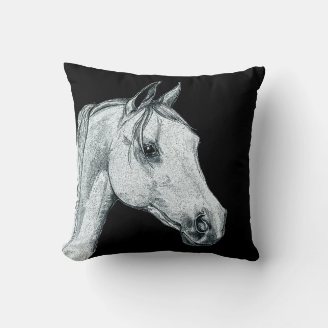 Arabiska Horse Porträtt på Black Kudde (Framsida)