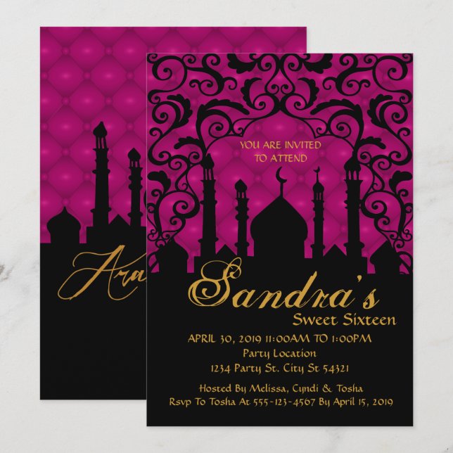 Arabiska Natt-, Fuchsia- och Black-inbjudningar Inbjudningar (Fram/baksida)