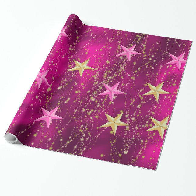 Arabiska Nattar Magenta & Guld Stars Presentpapper (Utrullad)