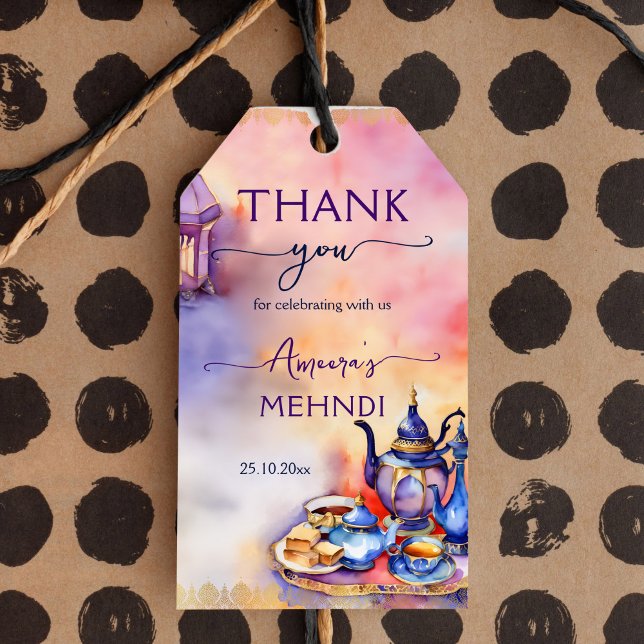 Arabiskt turkiskt te party mehndi henna tack presentetikett (Mehndi favor gift tags template thank you favor tags henna mehandi gift tags Turkish tea themed)