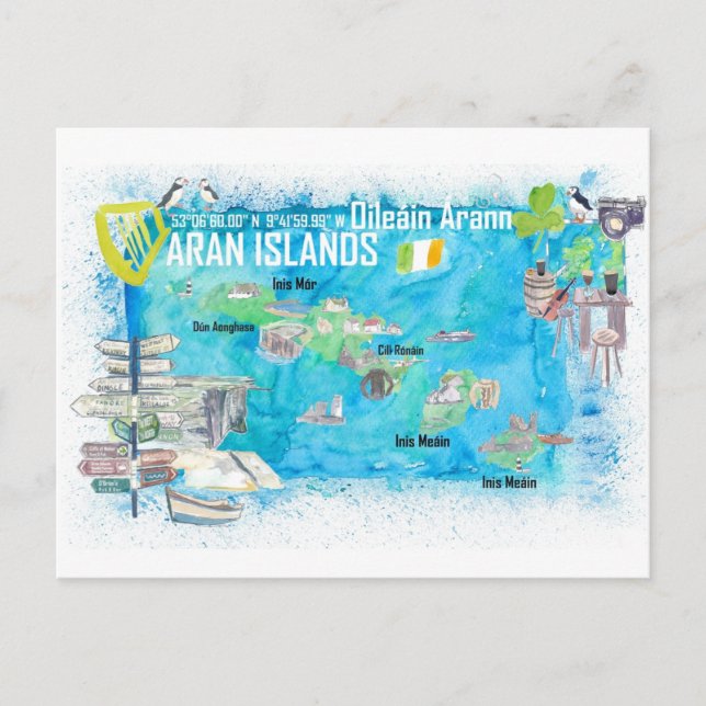 Aranöarna Ireland Illustrated Travel Karta Vykort (Framsida)
