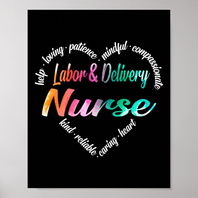 Arbete och leverans Nurse Heart Ord Cloud Watercol Poster (Framsidan)