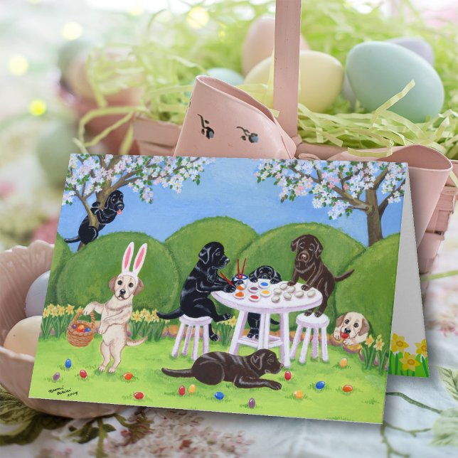 Arbetstagare och Påskägg Helgkort (Labradors and Easter Eggs Card featuring Labradors painting Easter Eggs and doing funny antics.  )