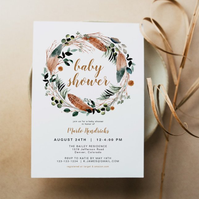 ARBOR Bohemian Feather Greenery Wandan Boho Baby Inbjudningar (Skapare uppladdad)