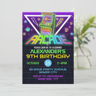 Arcade Birthday Gamer Neon Party-inbjudan Inbjudningar