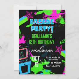 Arcade Birthday Gaming Party Glow Neon 80 s Inbjudningar