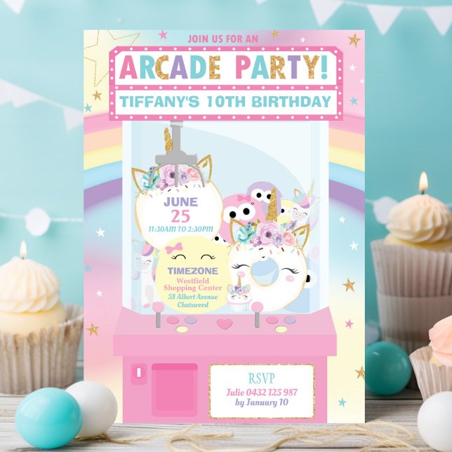 Arcade Födelsedagsfest Girl Rainbow Unicorn Inbjudningar (Skapare uppladdad)