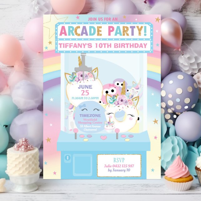 Arcade Födelsedagsfest Girl Rainbow Unicorn Inbjudningar (Skapare uppladdad)