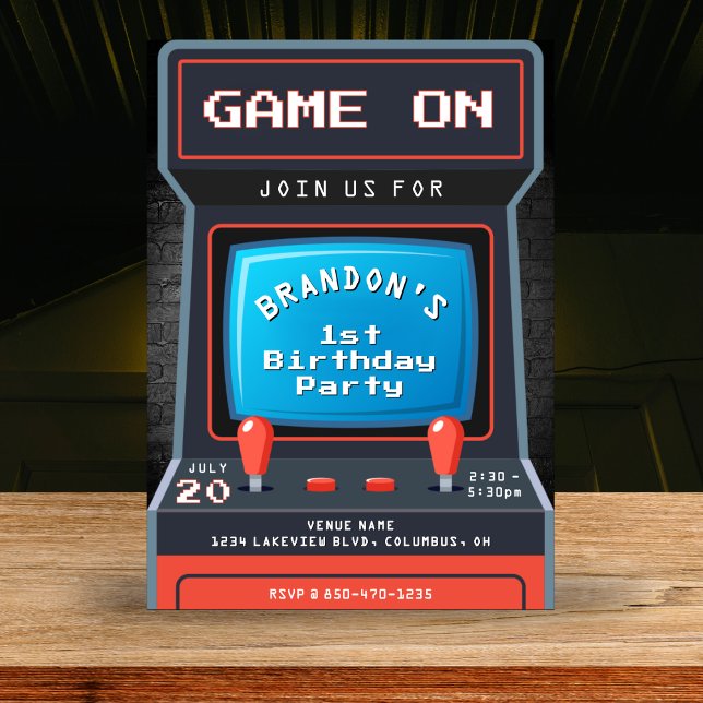 Arcade Game 1:a födelsedagen Party Inbjudningar (Arcade Game 1st Birthday Party Invitation
)