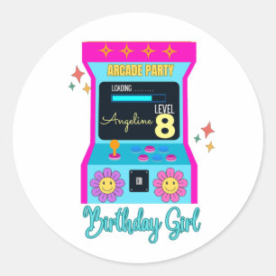 Arcade Game Retro Födelsedagsfest Blue Rosa Runt Klistermärke