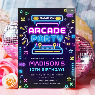 Arcade Party Glow Neon Video Game på Flickans föde Inbjudningar