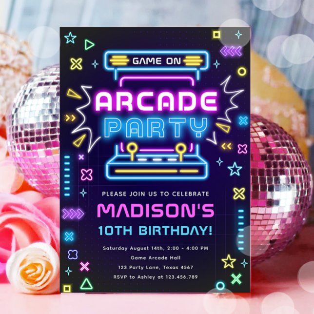 Arcade Party Glow Neon Video Game på Flickans föde Inbjudningar (Skapare uppladdad)