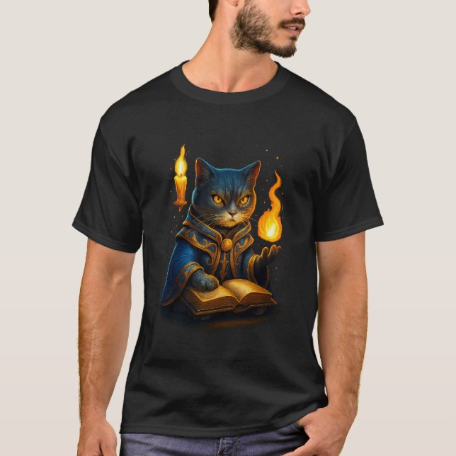 Arcane Wizard Cat – Flame Spellcaster T-Shirt (Framsida)