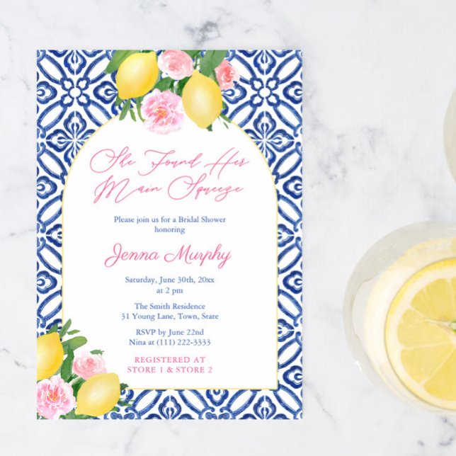 Arch Amalfi Kusten Lemon Main Squeeze Möhippa Inbjudningar (She Found Her Main Squeeze. Contemporary Italian bridal shower invitation design with modern arch)