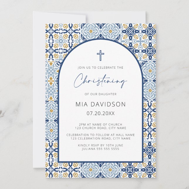 Arch Amalfi Tile Mediterranean Blue Christening Inbjudningar (Framsida)