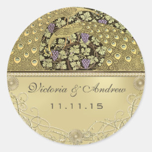 Arch Art nouveau Peacock Birds Bröllop Seal Runt Klistermärke