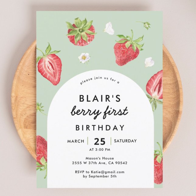 Arch Berry First Birthday Strawberry Theme Inbjudningar (Skapare uppladdad)
