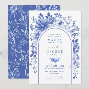 Arch Blue White Chinoiserie Flowers Bröllop Inbjudningar