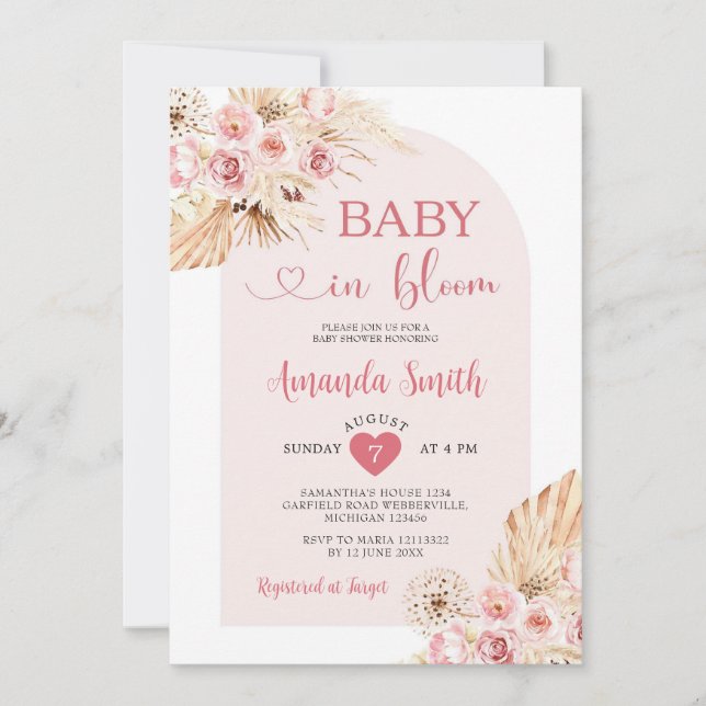 Arch Boho Baby in bloom Baby Shower Pampas Grass Inbjudningar (Framsida)