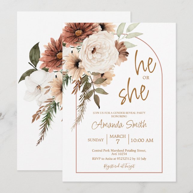 Arch Boho Blommigt Gender visar att han eller hon Inbjudningar (Fram/baksida)