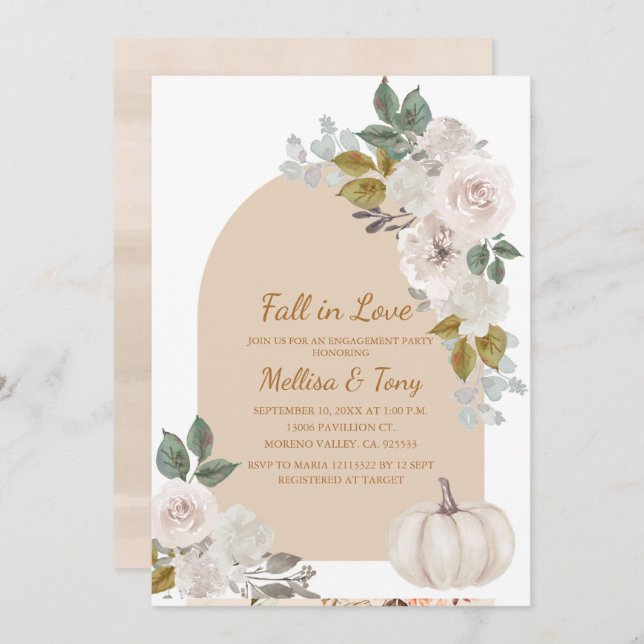 Arch Boho Blommigt Pumpkin Falling i kärlek Inbjudningar (Fram/baksida)