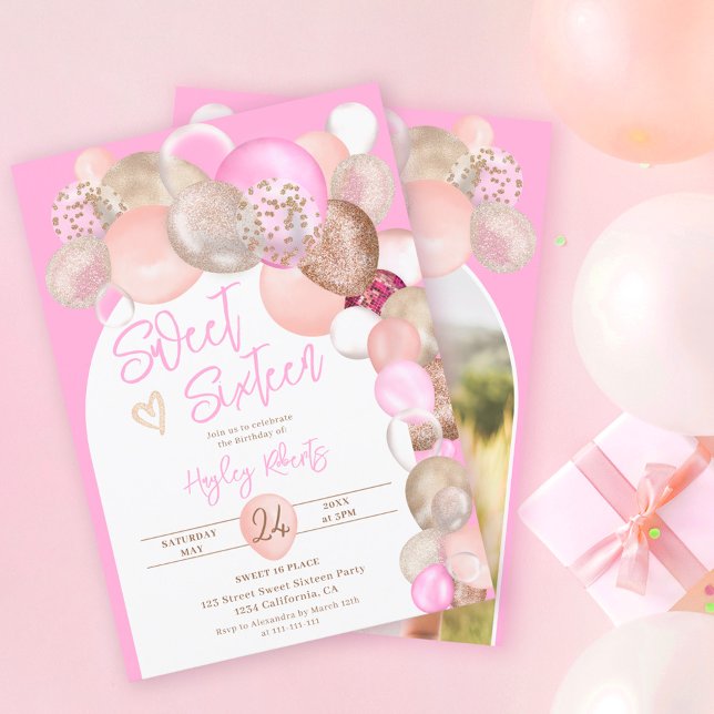 Arch Boho glitter ballonger rosa lila Sweet 16 Inbjudningar (Skapare uppladdad)