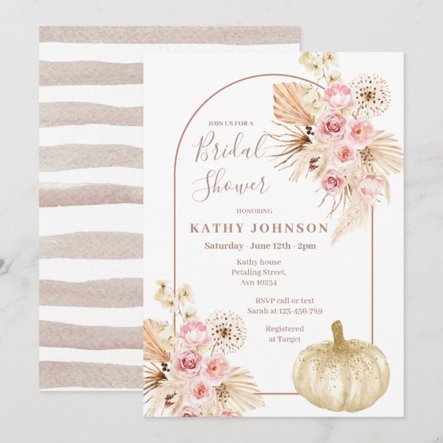 Arch Boho Pampas Grass and Pumpkin Möhippa  Inbjudningar (Fram/baksida)