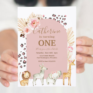 Arch Boho Pampas Grass Animal Safari Birthday Inbjudningar