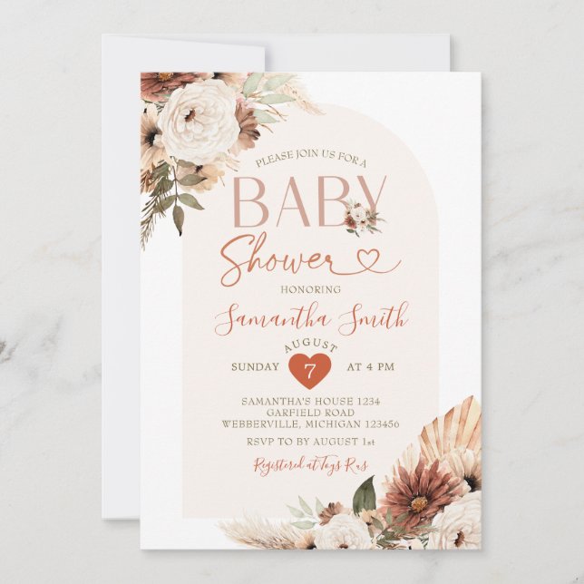 Arch Boho Pampas Grass Blommigt Baby Shower Inbjudningar (Framsida)