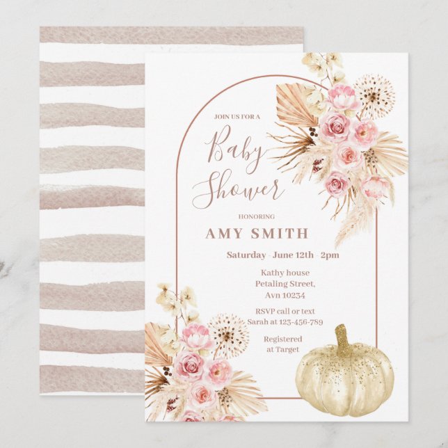 Arch Boho Pumpkin och Pampas Grass Baby Shower Inbjudningar (Fram/baksida)