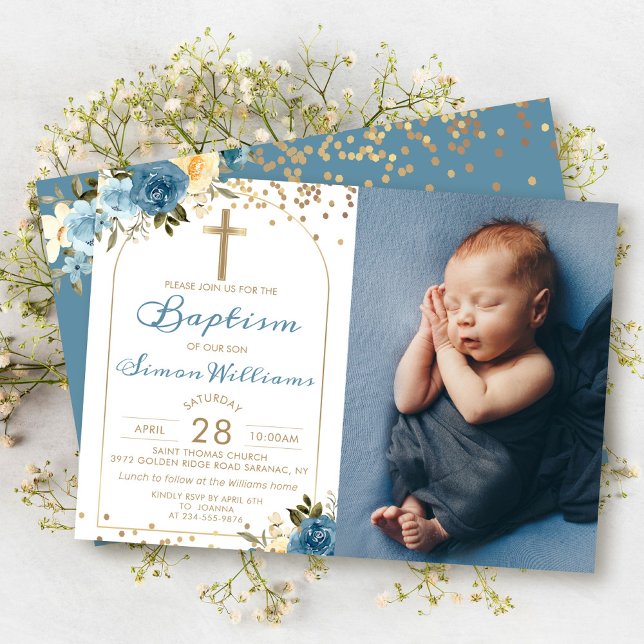 Arch Dusky Blue Blommigt Guld Glitter Baptism Foto Inbjudningar (Skapare uppladdad)