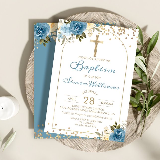 Arch Dusky Blue Blommigt Guld Glitter Baptism Inbjudningar (Skapare uppladdad)