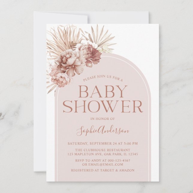 Arch Dusty Ro Boho Pampas Grass Baby Shower Inbjudningar (Framsida)