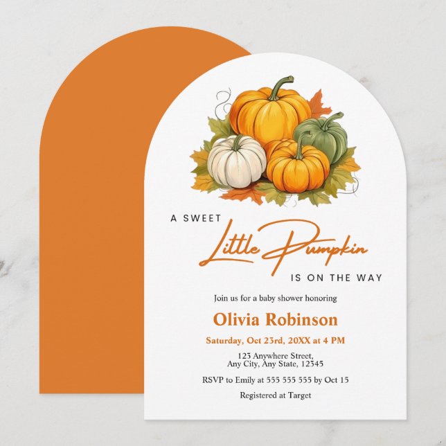 Arch Fall Autumn A Little Pumpkin Baby Shower  Inbjudningar (Fram/baksida)