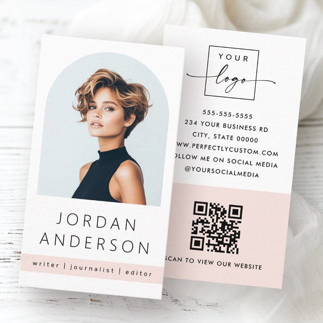 Arch-fotomodern minimal  rosa QR-logotyp Visitkort (Arch photo modern minimal light blush pink QR logo Business Card)