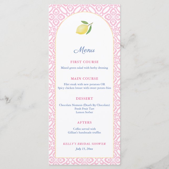 Arch Girly Rosa med Lemon Baby Shower Party Meny (Framsida)