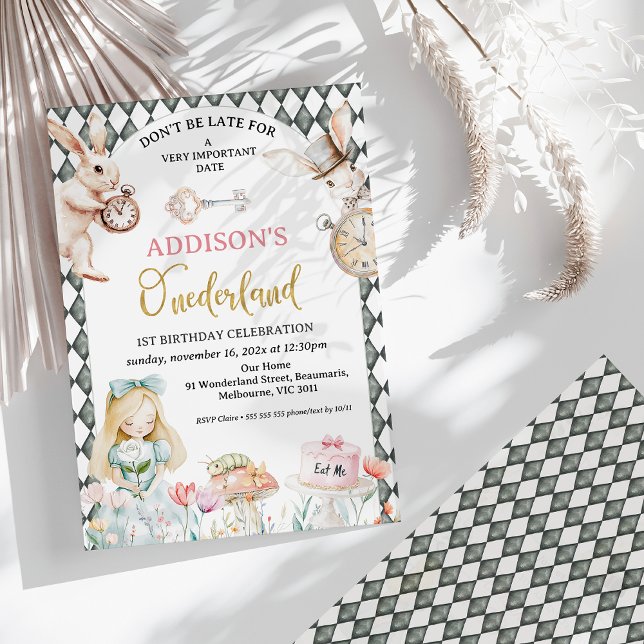 Arch Grått Diamond Alice i Onederland 1:a födelsed Inbjudningar (Alice in Onederland 1st Birthday Invitation, White Rabbit, Watch, Onederland Birthday Invitation)