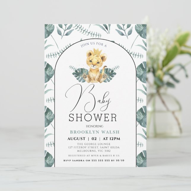 Arch Grönt Foliage Lejon Baby Shower Inbjudningar (Stående Fram)